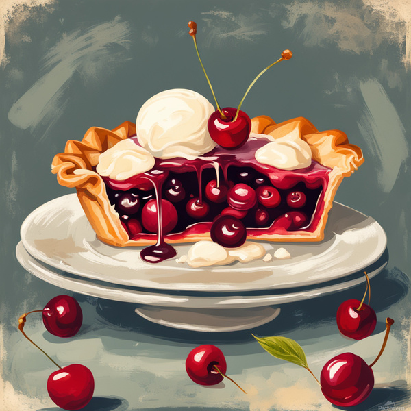 Image of a cherry pie with vanilla ice cream with a vintage background  Impressionism style Print