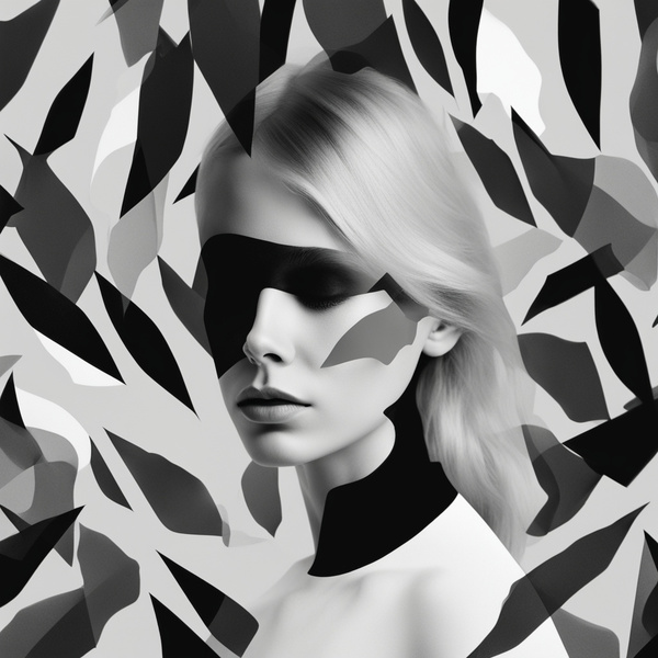 If you could express your thoughts to me.  Blonde woman surrounded by sad nature. Black and white bstract photography with large shapes.  Minimalism style by AIGALLERY