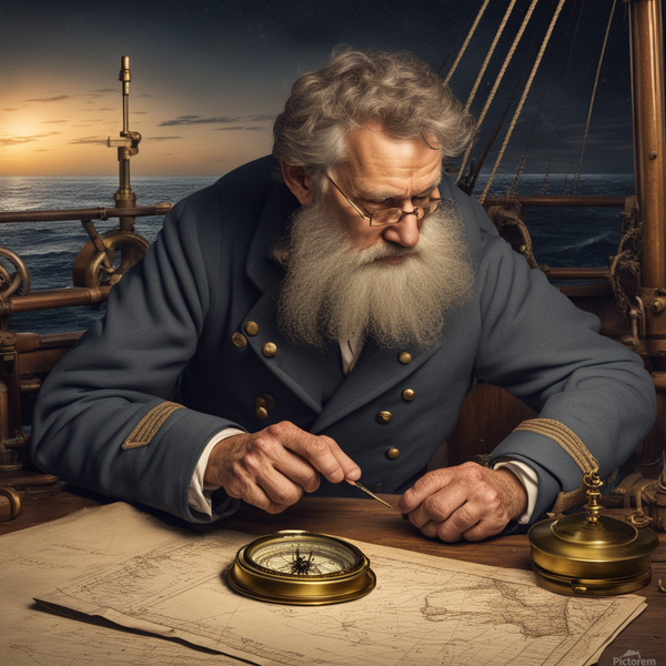 Old sailing ship captain looking at his old brass compass night time with ruff ocean behind him Print
