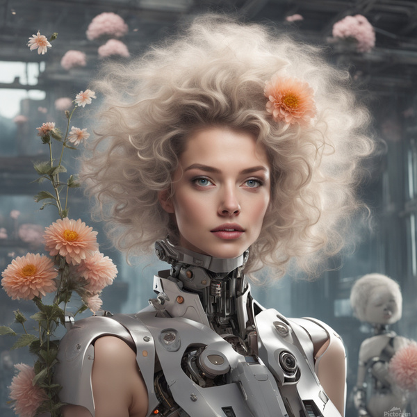 extremely beautiful woman with her hair in the wind a lot of fluff next to her is an advanced robot from the future smiling confidently with a flower in her hand by AIGALLERY