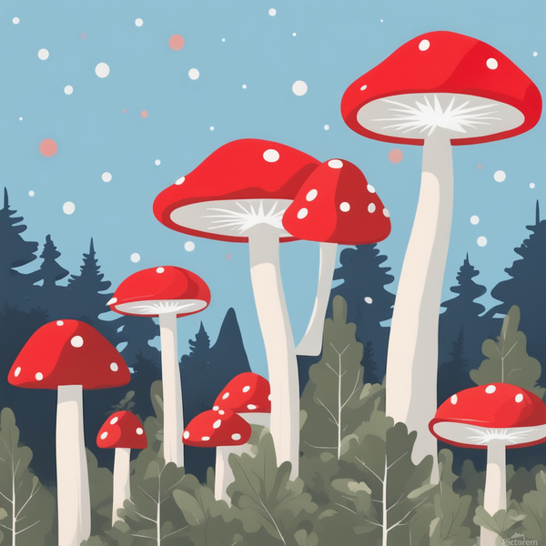 des champignons avec un chapeau rouge et des points blancs plantés dans une foret avec un ciel étoilé bleu pâle Minimalism style by AIGALLERY