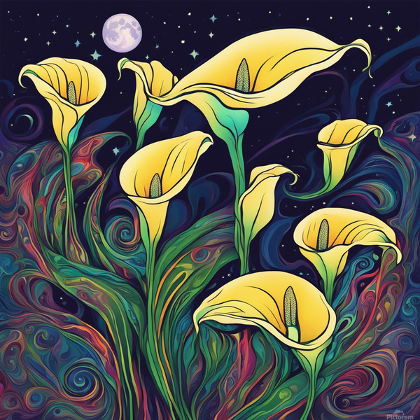 Moon shining over Calla Lily flowers  Psychedelic style Print