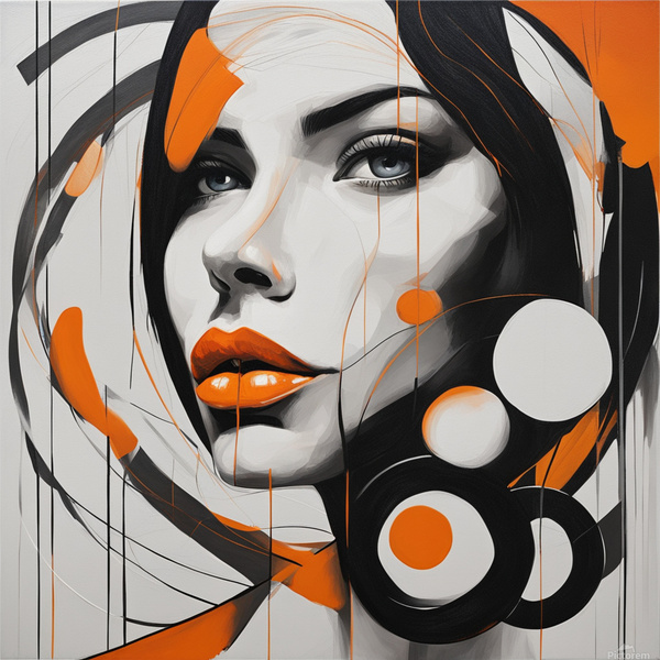 Minimalist attractive beautiful face portrait with orange lips with white and black with various thickness circles with lines with high contrast techniques Emphasizing the female face on the abstract background very detailed oil on canvas by AIGALLERY