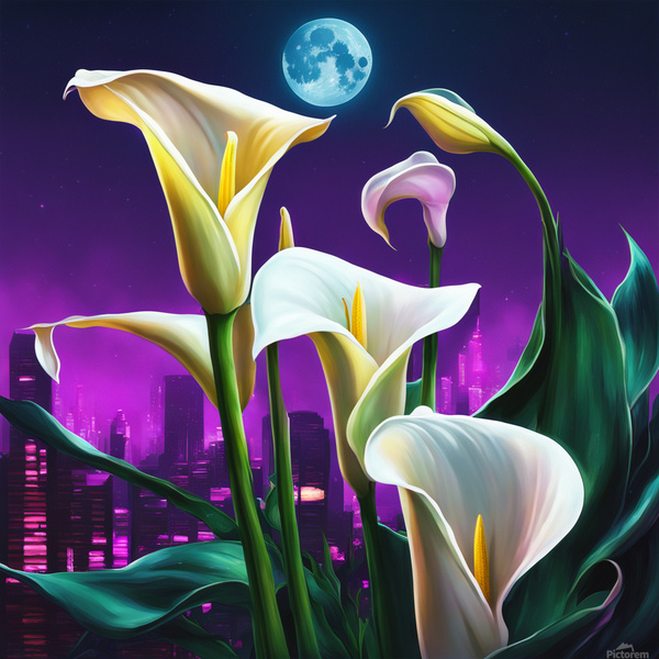 Moon shining over Calla Lily flowers  Cyberpunk style Print