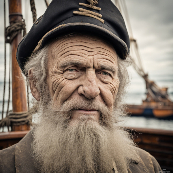 Old sailing ship captain face weathered with old wooden sailing ship in background  Print
