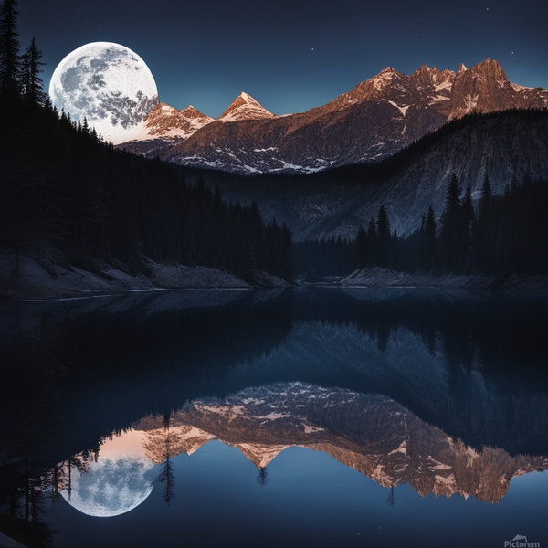 Night mountain lake moon reflection Print