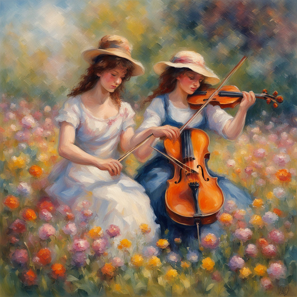 Duo de filettes   violon et piano  dans un champ de fleurs sauvage   Impressionism style by AIGALLERY