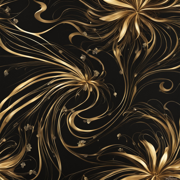 A swirling abstract design featuring vibrant golden and dark black elements creating a dynamic flower-like shape. Delicate elongated tendrils extend outward interspersed with bright shimmering points of light against a dark background conveying a sense... Print