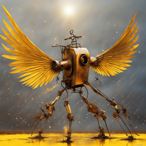 robot birds with rusty metal wings in the yellow sun  fight in the fire rain Dali style by AIGALLERY