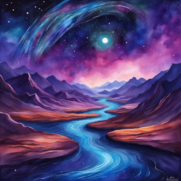 A surreal cosmic landscape featuring a winding river of glowing blue and purple light. The river flows through dark textured mountains under a starry sky. A large luminous planet hovers in the background casting a gentle light on the scene with a vibrant. Print