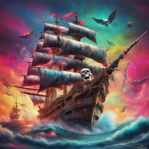 REALISTIC FANTASY Large Pirate Ship  Cannons firing turbulent seas colorful skull and cross bone flag Psychedelic style by AIGALLERY
