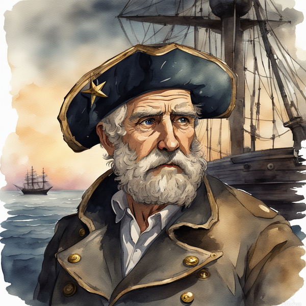 Old sailing ship captain weathered face looking at his old brass compass night time with ruff sea behind him Watercolor style Print