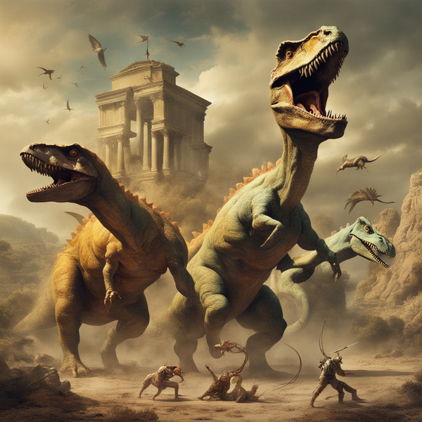 battle dinosaurs with ROMANS Dali style by AIGALLERY