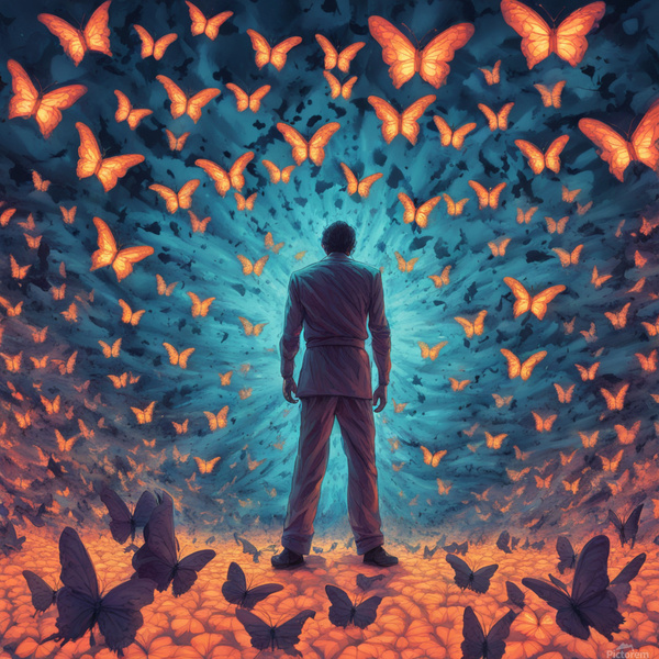a nightmare mind  being attacked by a army of transluscent glowing butterflies cracking into another dimensional plane  Psychedelic style by AIGALLERY
