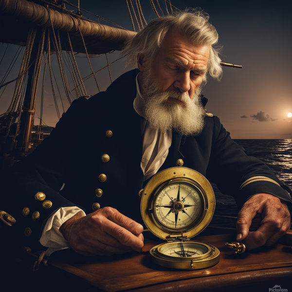 Old sailing ship captain looking at his old brass compass night time with ruff ocean behind him Print