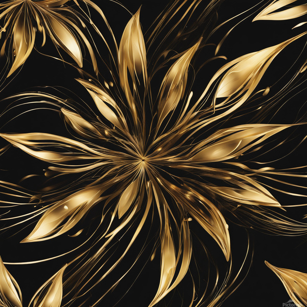 A swirling abstract design featuring vibrant golden and dark black elements creating a dynamic flower-like shape. Delicate elongated tendrils extend outward interspersed with bright shimmering points of light against a dark background conveying a sense... Print