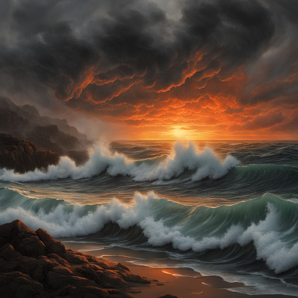 The dark clouds loomed ominously in the sky as the sun began its descent casting a fiery glow over the ocean. The waves grew larger and more turbulent crashing against the shore with a forceful intensity. It was a scene that evoked a sense of unease and d by AIGALLERY