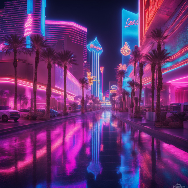 Futuristic neon night view of Las Vegas Strip glowing pink and blue lights reflections on wet streets cinematic cyberpunk vibe detailed and vivid photorealistic with neon flair high-resolution ideal for metal print Psychedelic style Print
