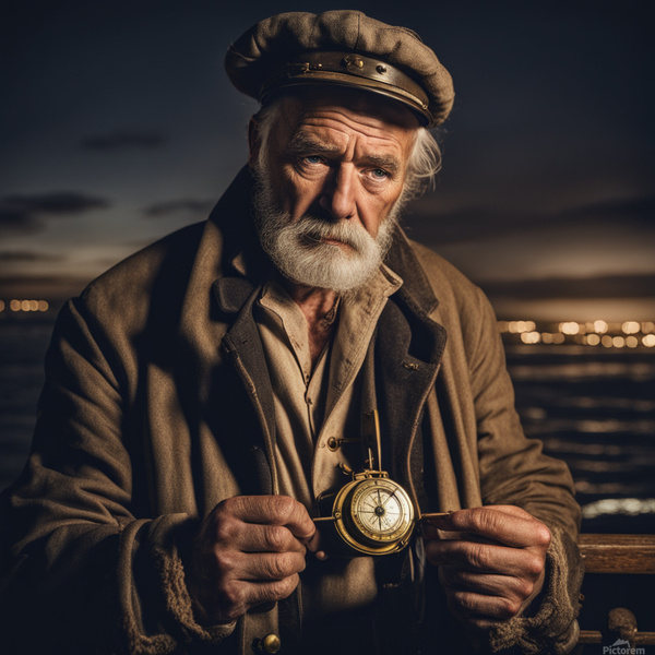 Old sailing ship captain weathered face looking at his old brass compass night time with ruff sea behind him Print