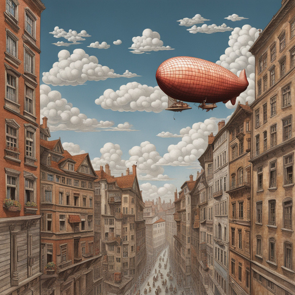 Magic-infused cityscape  moritz escher  sky and blimp by AIGALLERY