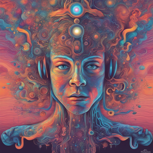 an illustration that the human sensory experience is significantly amplified through the availability of digital tools for the senses as well as AI models to better perceive the information streaming in Psychedelic style by AIGALLERY