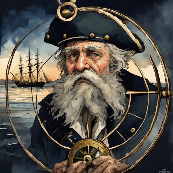 Old sailing ship captain weathered face looking at his old brass compass night time with ruff sea behind him Watercolor style Print