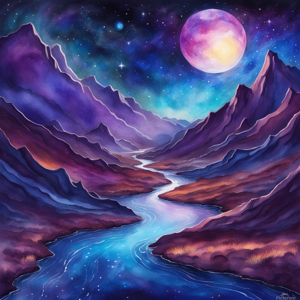 A surreal cosmic landscape featuring a winding river of glowing blue and purple light. The river flows through dark textured mountains under a starry sky. A large luminous planet hovers in the background casting a gentle light on the scene with a vibrant. Print