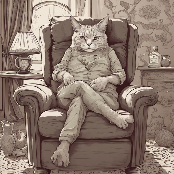 Kicked back in my recliner with a glass of tequila and lime. Trying to relax as a series of thoughts dance around my head. The wall paper behind me has had better days and my cat sits lovingly on my lap with my dragon curled around my chair. Illustration  by AIGALLERY