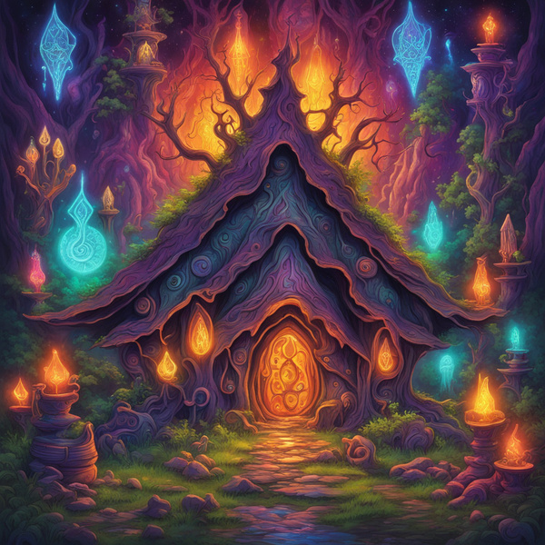 Enchanted warlock workshop retreat with glowing lights Psychedelic style by AIGALLERY