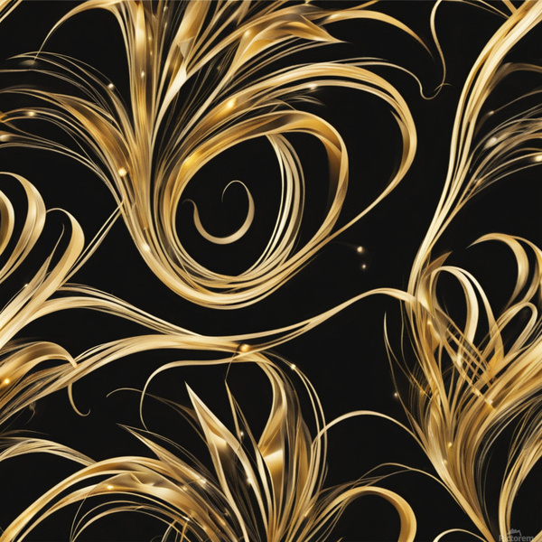 A swirling abstract design featuring vibrant golden and dark black elements creating a dynamic flower-like shape. Delicate elongated tendrils extend outward interspersed with bright shimmering points of light against a dark background conveying a sense... Print