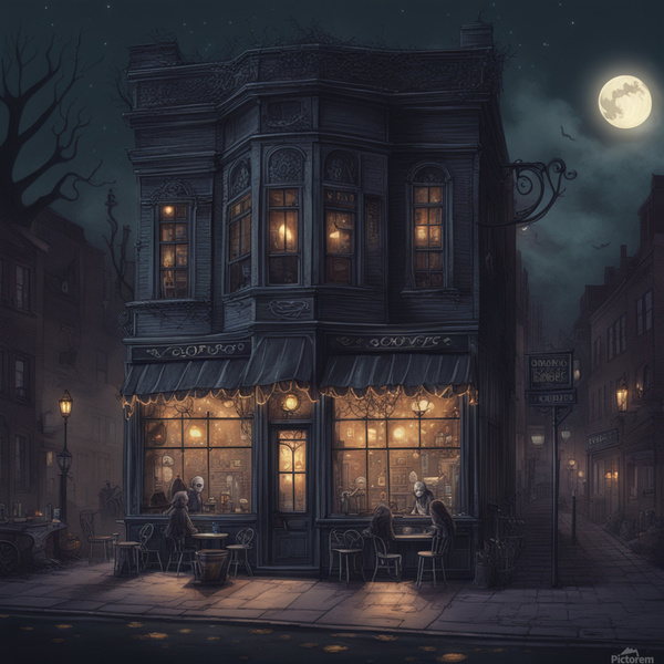 A spooky moonlit coffeehouse with glowing windows and ghostly baristas by AIGALLERY