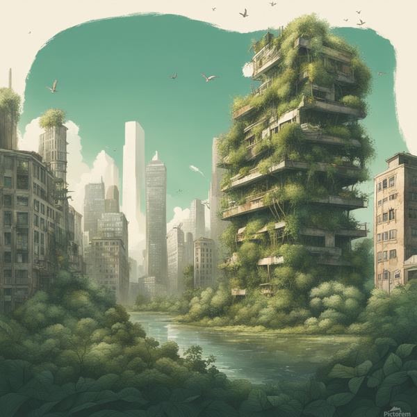 Nature reclaiming cities. Illustration style Print