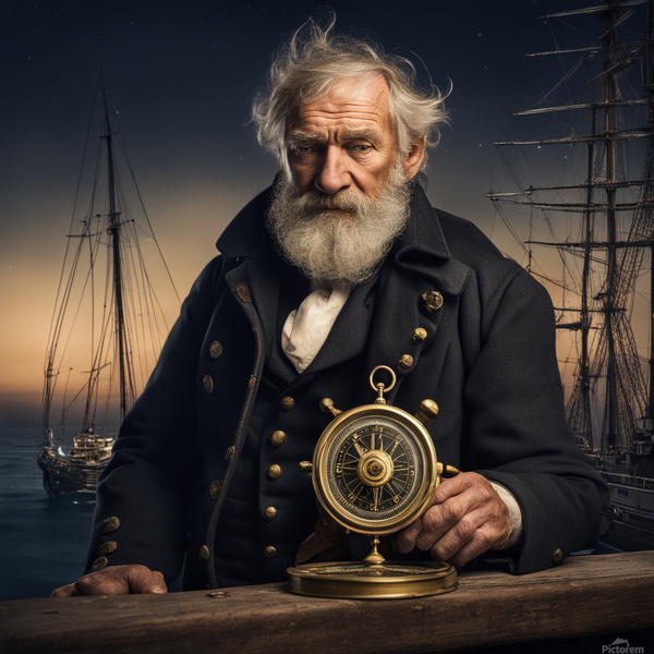 Old sailing ship captain weathered face looking at his old brass compass night time with ruff sea behind him Print