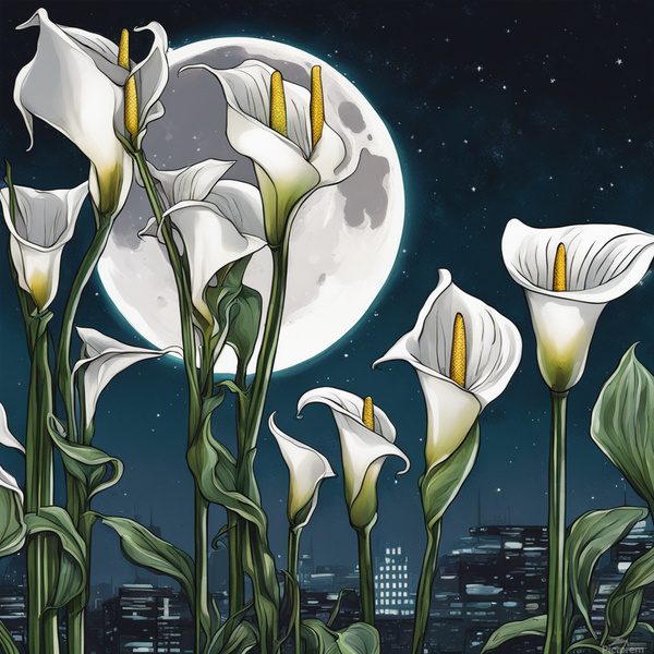 Moon shining over Calla Lily flowers  Cyberpunk style Print