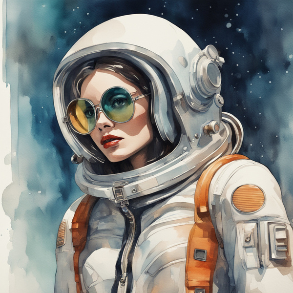 A model in a vintage-inspired space suit with 60s mod elements