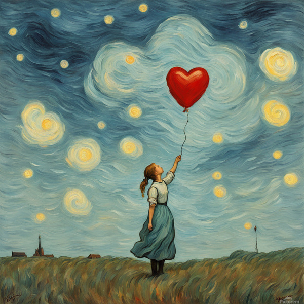 A sad girl with her hand raised because her heart-shaped balloon has escaped from her hands and is flying away in the sky. She is in profile and the heart-shaped balloon is flying away. The aesthetic of the image is that of a classic Van Gogh painting.... Print