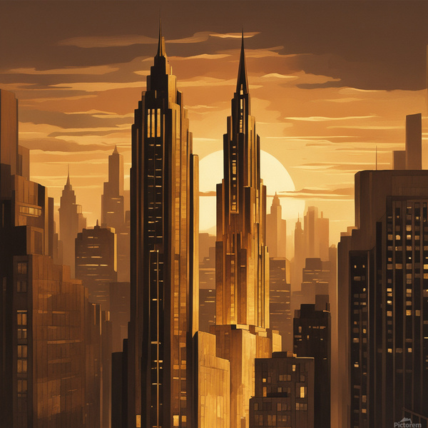 A dramatic cityscape at sunset featuring a towering Art Deco skyscraper dominating the skyline. The building’s spire reaches into a moody golden-brown sky surrounded by modern glass towers and dense urban architecture. The lighting casts warm highlights a by AIGALLERY
