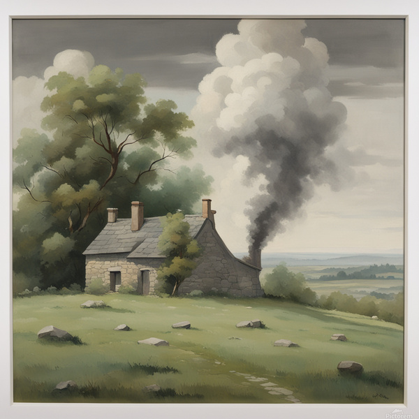 vintage pastoral painting with green grass and a gray stone cottage in the distance with smoke rising from a gray stone chimney grayish sky with a few wispy white clouds scattered a few green trees surrounding the outer part of the scene  by AIGALLERY