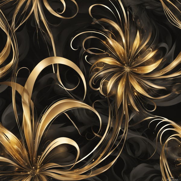 A swirling abstract design featuring vibrant golden and dark black elements creating a dynamic flower-like shape. Delicate elongated tendrils extend outward interspersed with bright shimmering points of light against a dark background conveying a sense... Print