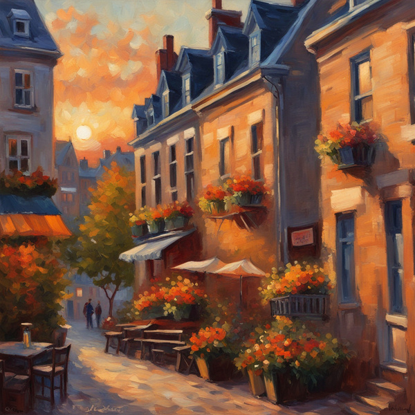  le vieux Québec avec des terrasses fleuri au coucher de soleil Impressionism style by AIGALLERY