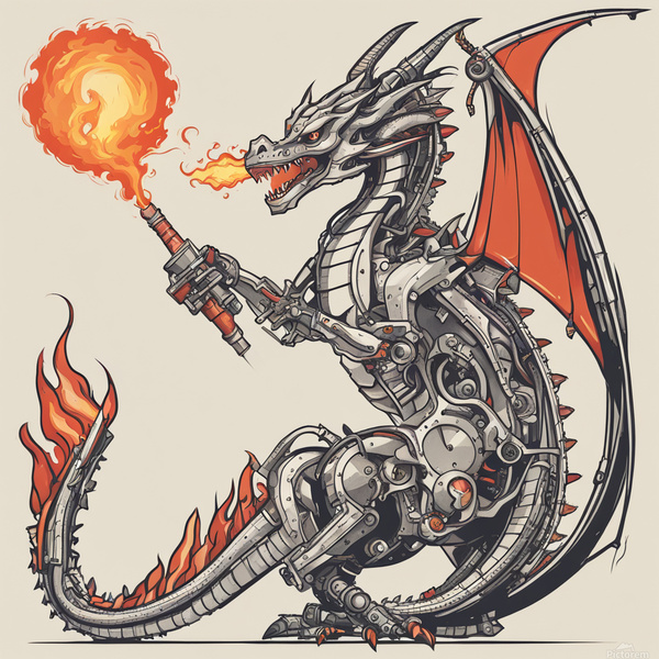 Fire-breathing mechanical dragon. Minimalism style by AIGALLERY