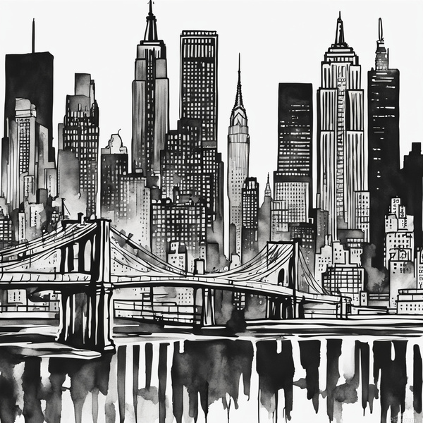 A clean and modern black-and-white line illustration of New York Citys iconic skyline featuring landmarks like the Empire State Building and Brooklyn Bridge. Ideal for minimalist art lovers and cityscape decor. Watercolor style Print