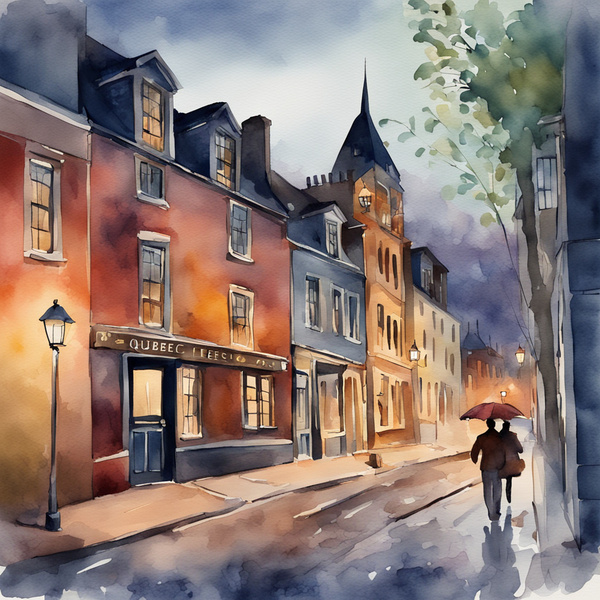  vieux Québec avec blacon fleurie  au crépuscule Watercolor style by AIGALLERY