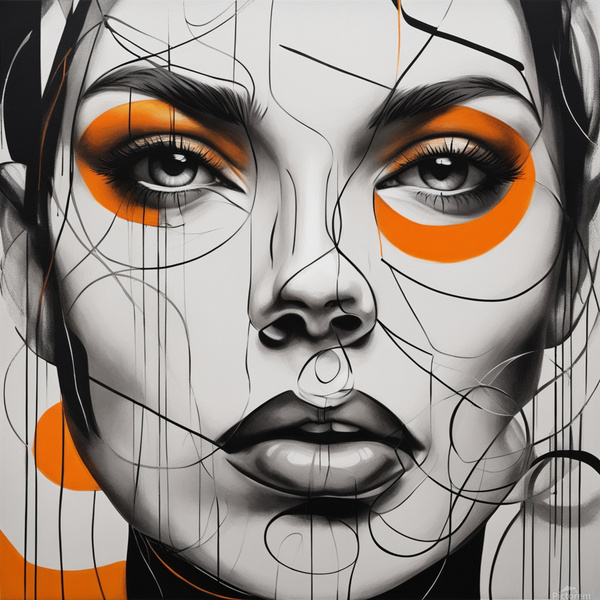 Minimalist attractive beautiful face portrait with orange lips with white and black with various thickness circles with lines with high contrast techniques Emphasizing the female face on the abstract background very detailed oil on canvas by AIGALLERY