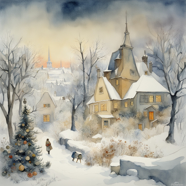 Gorgeous watercolor Christmas Bouquet Arrangement. Fantastic snowy landscape with homes down the street Modern laboratory painting by Picasso and Caspar. David Friedrich and Daniel Merriam by AIGALLERY