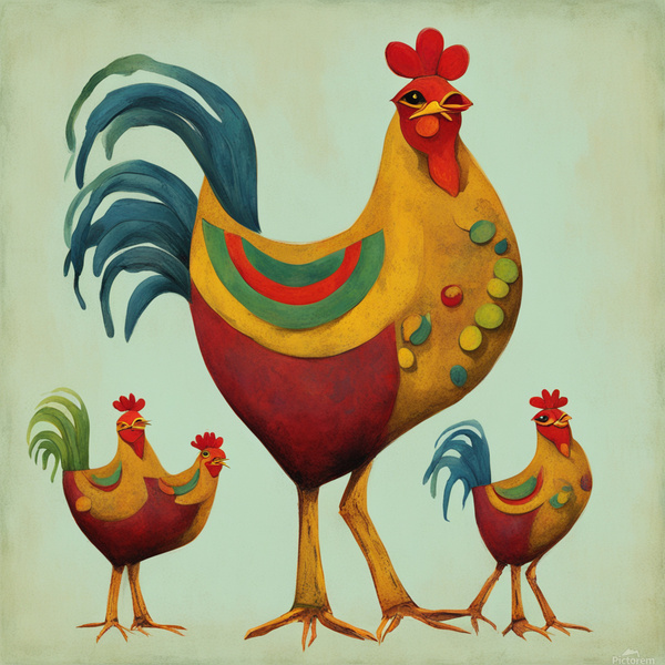 fat happy hen with long legs with two chicks big yellow eyes red-burgandy blue-green accent red comb and wattles happy Dali style by AIGALLERY