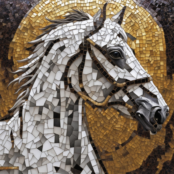 Design an Aesthetic Hyperrealism of 20th-century Dark-Mosaic-Glass Art Painting in a golden Portrait of Aggression Geometry’s Depiction of a perfectly Sculptured Mosaic-White Arabic Stallion excessively sprinting his skin is perfectly Polished with White  by AIGALLERY