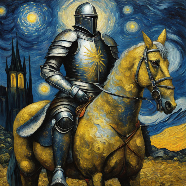 Armoured fantasy knight standing gallantly Vincent van Gogh inspiration oil portrait infused with the swirling expressive skies reminiscent of Starry Night masterpiece deep blues and vibrant yellows textured brushstrokes capturing the metallic sheen of ar by AIGALLERY
