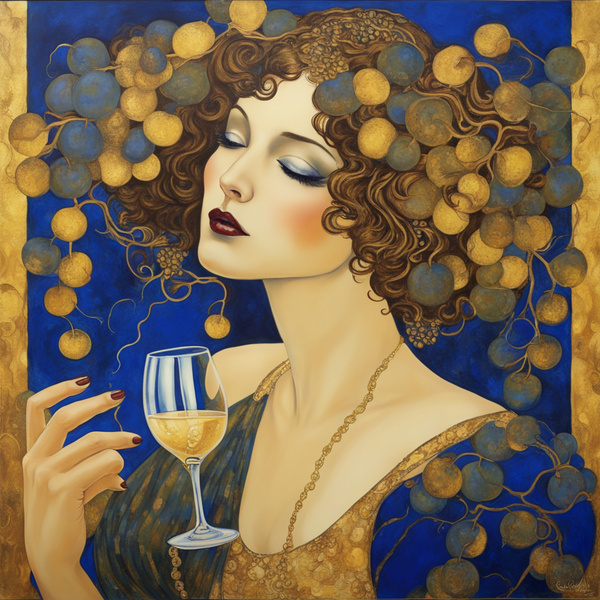 BEATIFUL GIRL  DRINKING CHAMPAIGNE WINE GRAPE LEAF Gustav Klimt GOLD ROYAL BLUE ART DECO Dali style by AIGALLERY