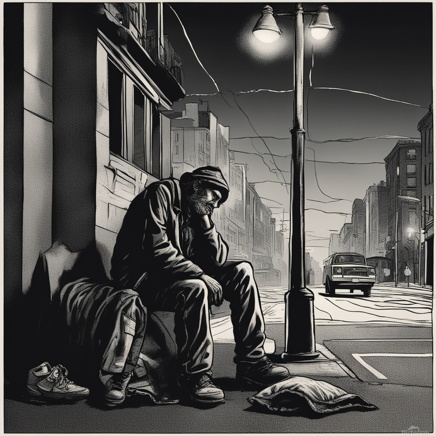 A homeless man sleeping on a street corner- street light pole